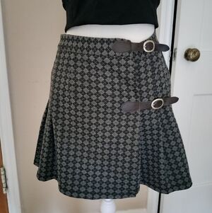 Full Tilt Academia Stylish Gray Checkered Skirt with Buckle Accents